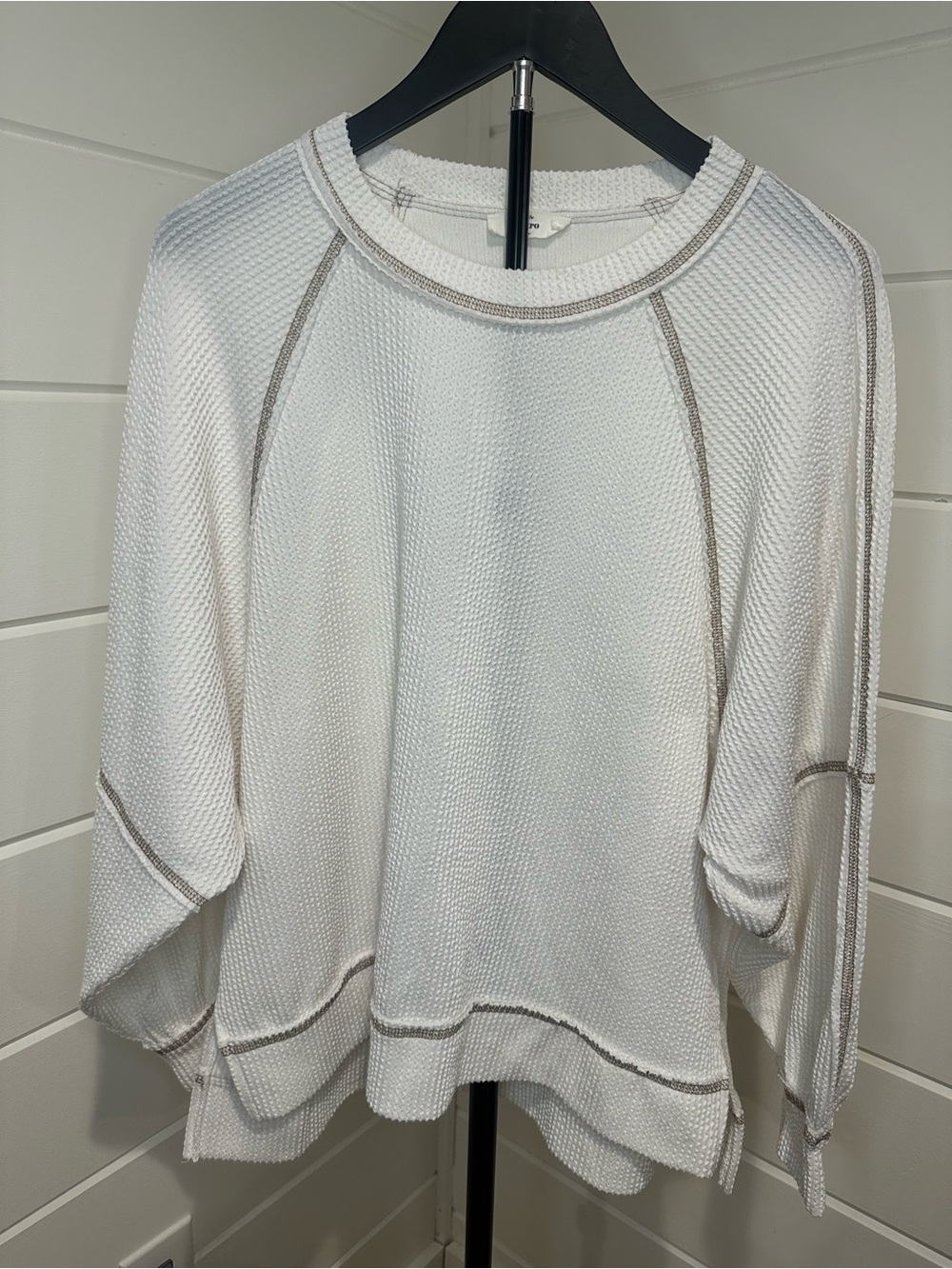 Entro White Waffle Knit Thermal Top Exposed Seams Dolman Sleeve